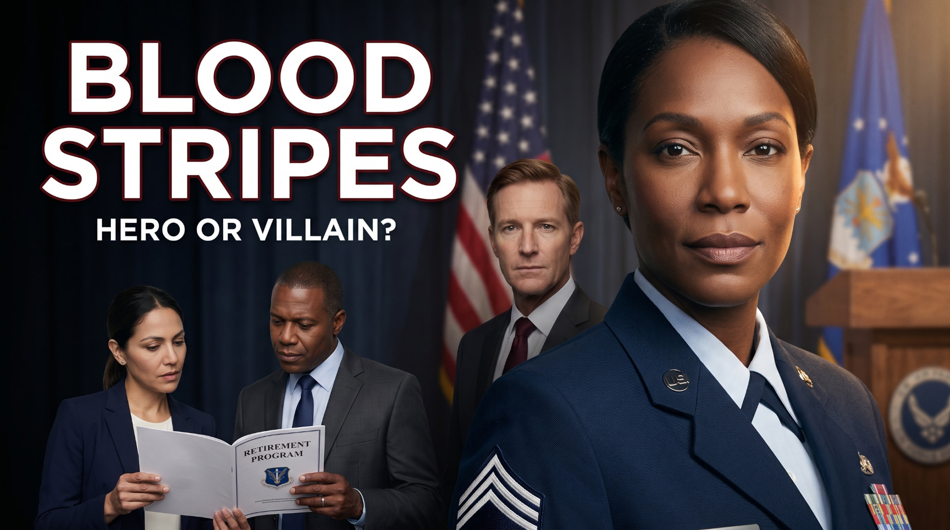 Blood Stripes — Hero or Villain? Official cover art for the original AI drama series from Powered by Mia.