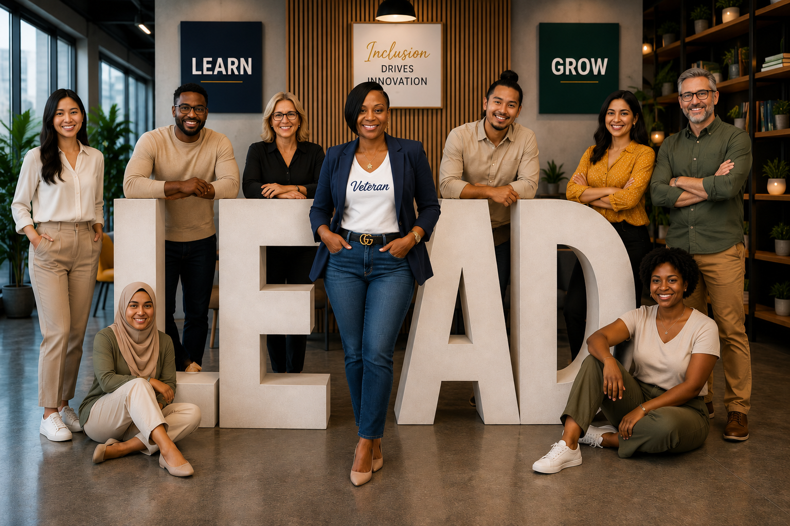 A diverse group of professionals standing together with large LEAD letters in a modern workspace