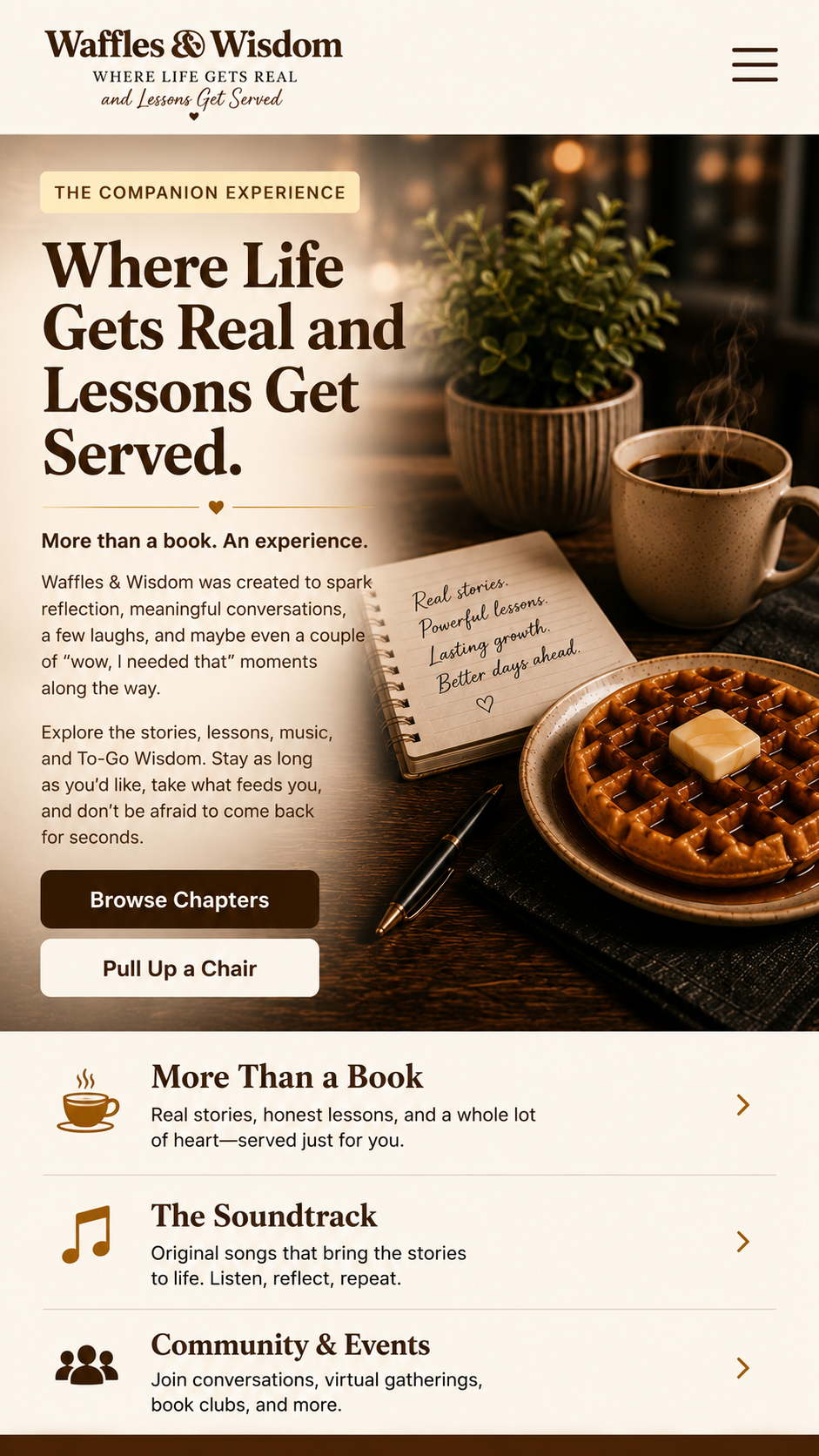 Waffles and Wisdom companion app desktop screen